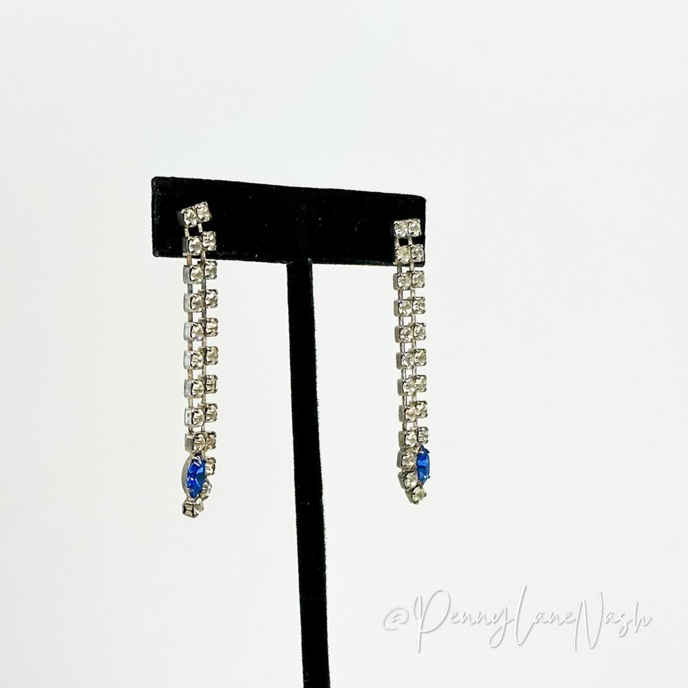 Vintage Two Row Rhinestone Drop with Blue Gem Dangle Earrings - Picture 4 of 9